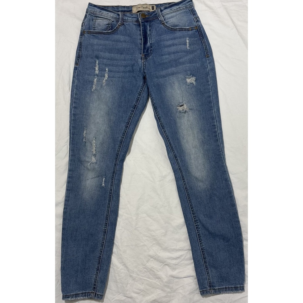 Indigo Saints Womens Skinny Jeans Blue Denim Distressed Whisker 5 Pockets 25